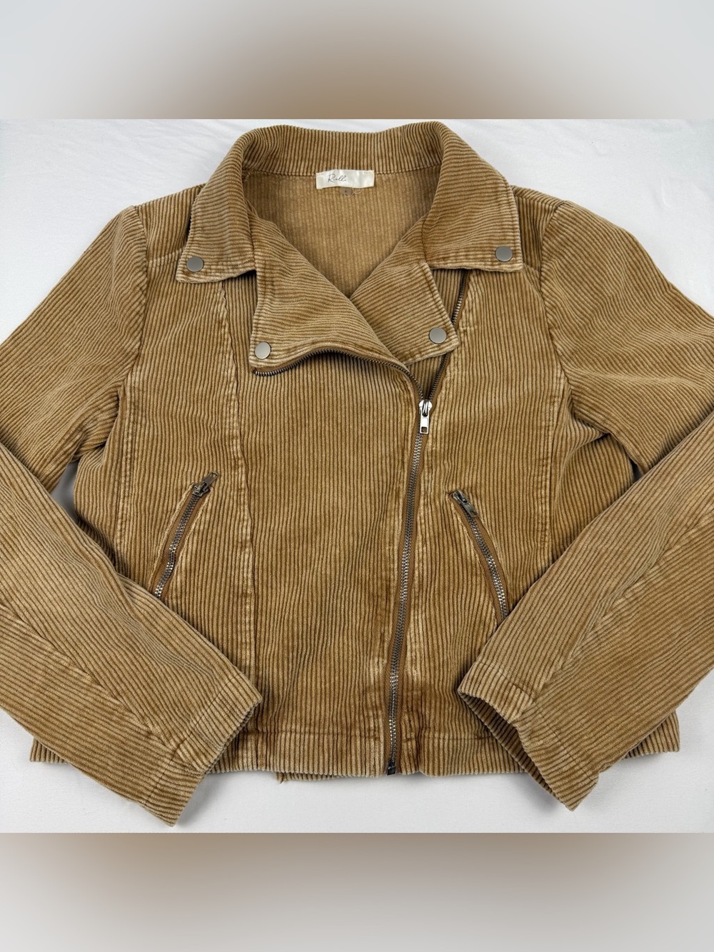 Rielle Camel Corduroy Moto Jacket Tan Asymmetrical Zip Biker Size Small EUC